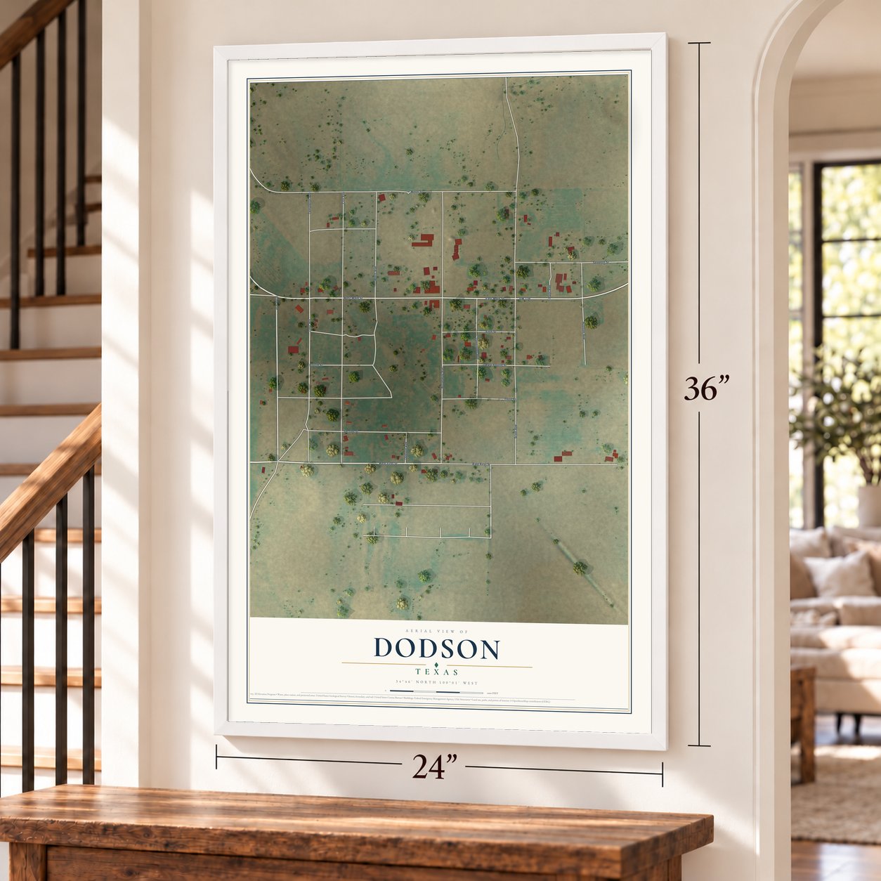 Dodson, Texas map, 24 x 36 inch print in a white frame by a staircase