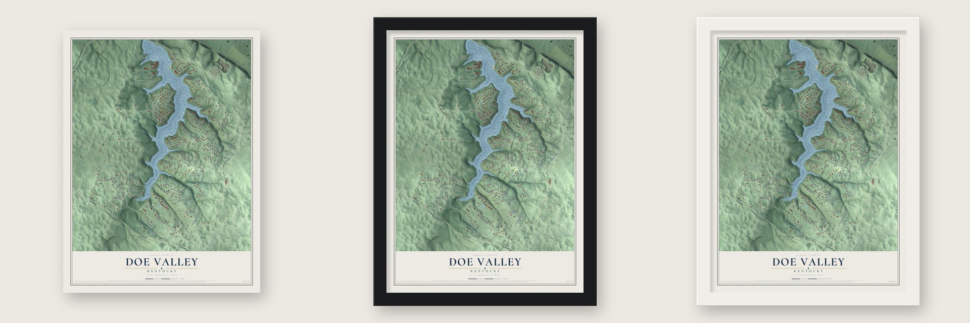 Doe Valley, Kentucky map unframed, in a black wood frame and in a white wood frame