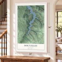 Doe Valley, Kentucky map, 24 x 36 inch print in a white frame by a staircase