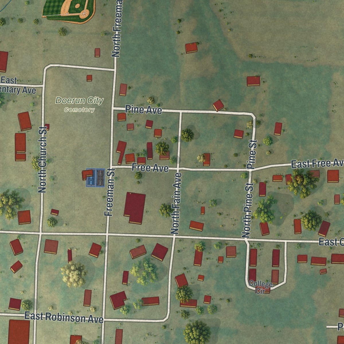 Second close-up of the map of Doerun, Georgia print showing more streets and buildings
