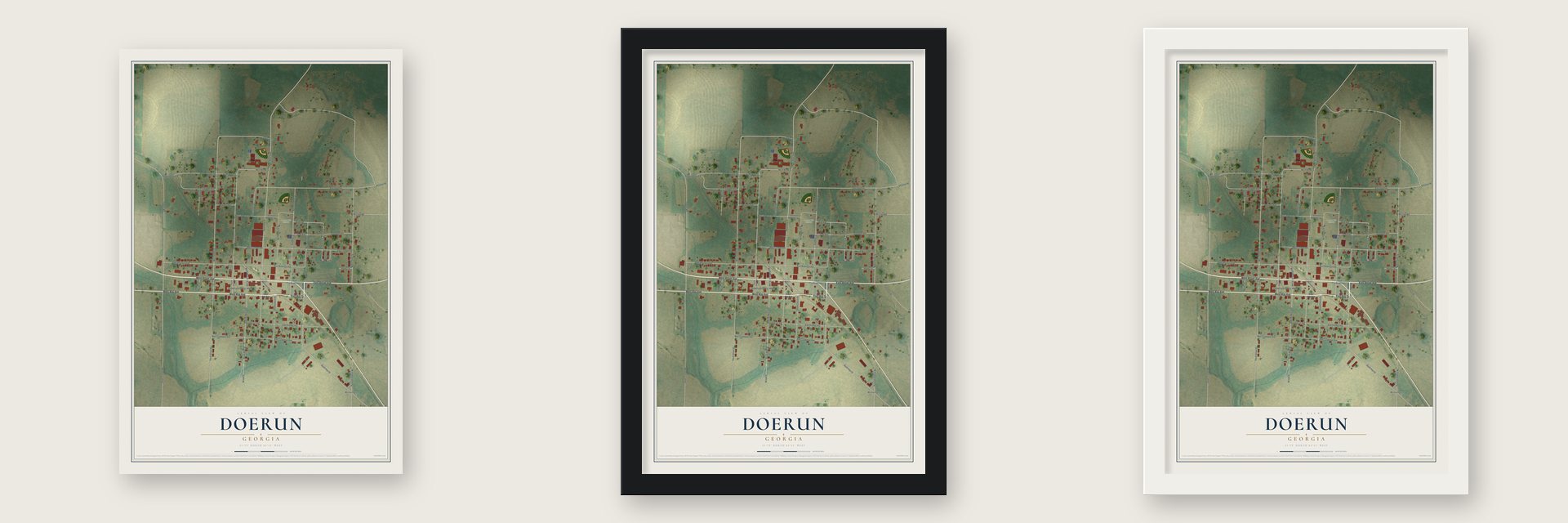 Doerun, Georgia map unframed, in a black wood frame and in a white wood frame