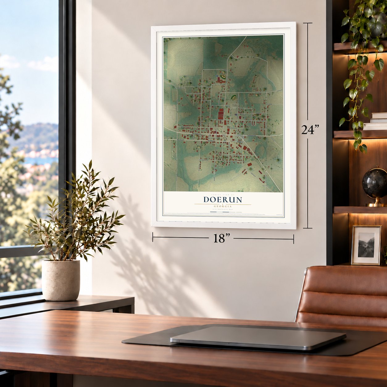 Doerun, Georgia map, 18 x 24 inch print in a white frame in a home office