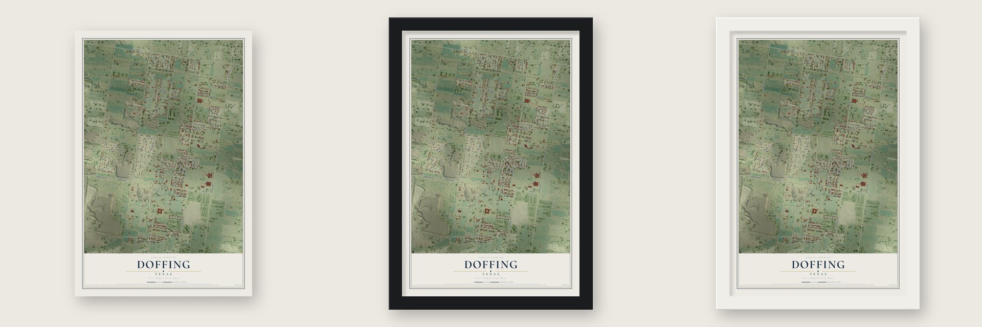Doffing, Texas map unframed, in a black wood frame and in a white wood frame
