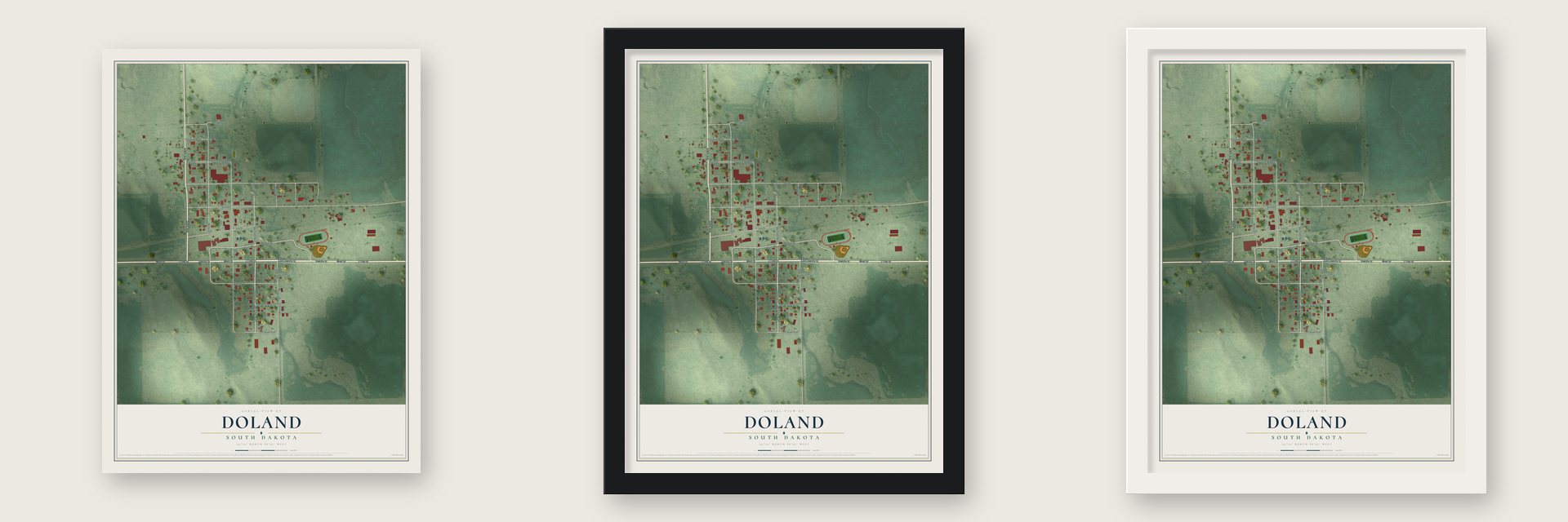 Doland, South Dakota map unframed, in a black wood frame and in a white wood frame