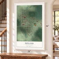 Doland, South Dakota map, 24 x 36 inch print in a white frame by a staircase