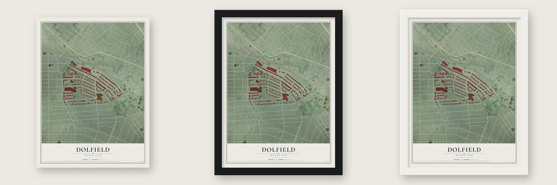 Dolfield, Maryland map unframed, in a black wood frame and in a white wood frame