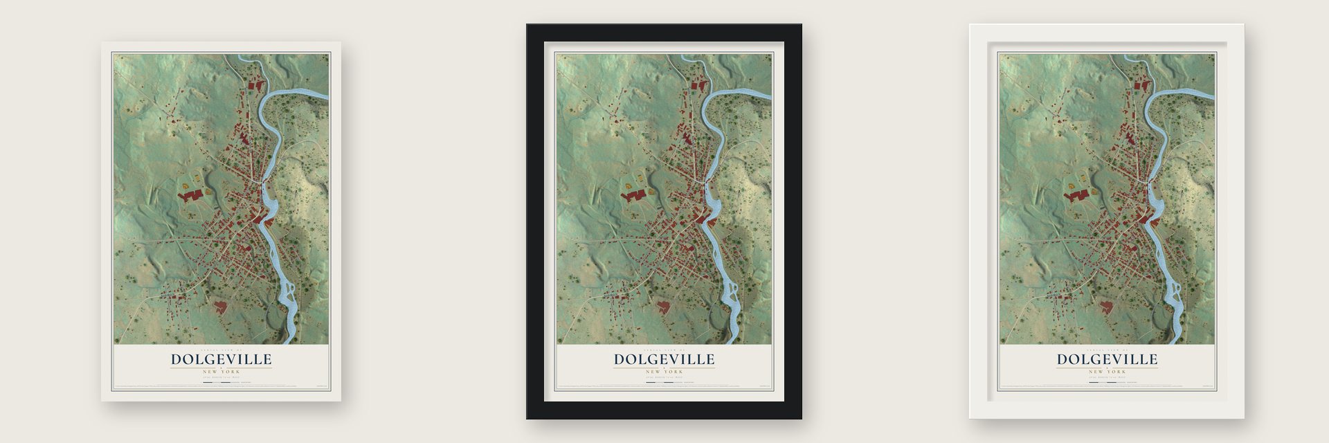 Dolgeville, New York map unframed, in a black wood frame and in a white wood frame