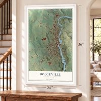 Dolgeville, New York map, 24 x 36 inch print in a white frame by a staircase