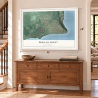Dollar Point, California map, 24 x 36 inch print in a white frame above a dresser by a staircase