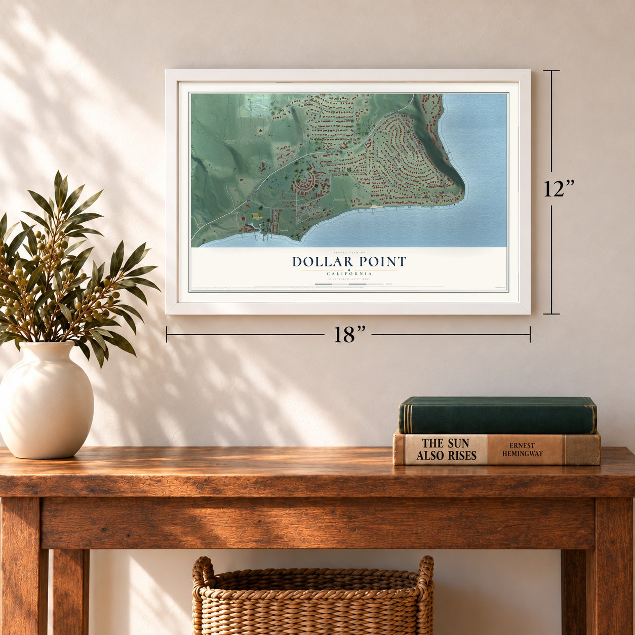 Dollar Point, California map, 12 x 18 inch print in a white frame in an entryway