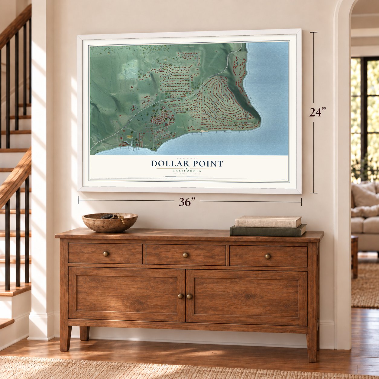 Dollar Point, California map, 24 x 36 inch print in a white frame above a dresser by a staircase