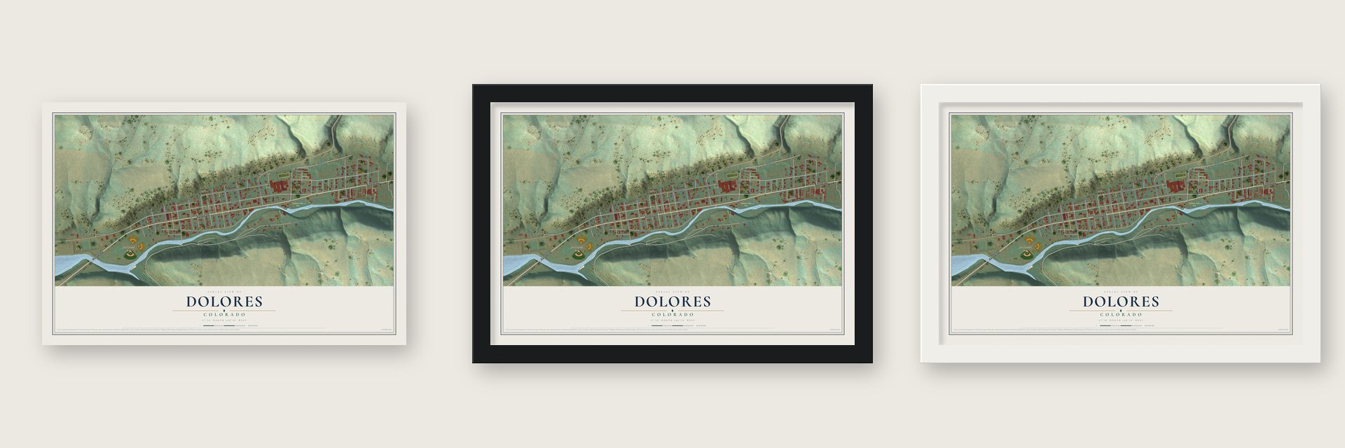 Dolores, Colorado map unframed, in a black wood frame and in a white wood frame