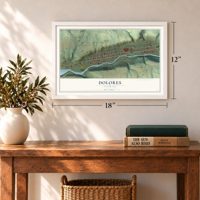 Dolores, Colorado map, 12 x 18 inch print in a white frame in an entryway