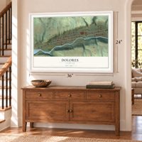 Dolores, Colorado map, 24 x 36 inch print in a white frame above a dresser by a staircase