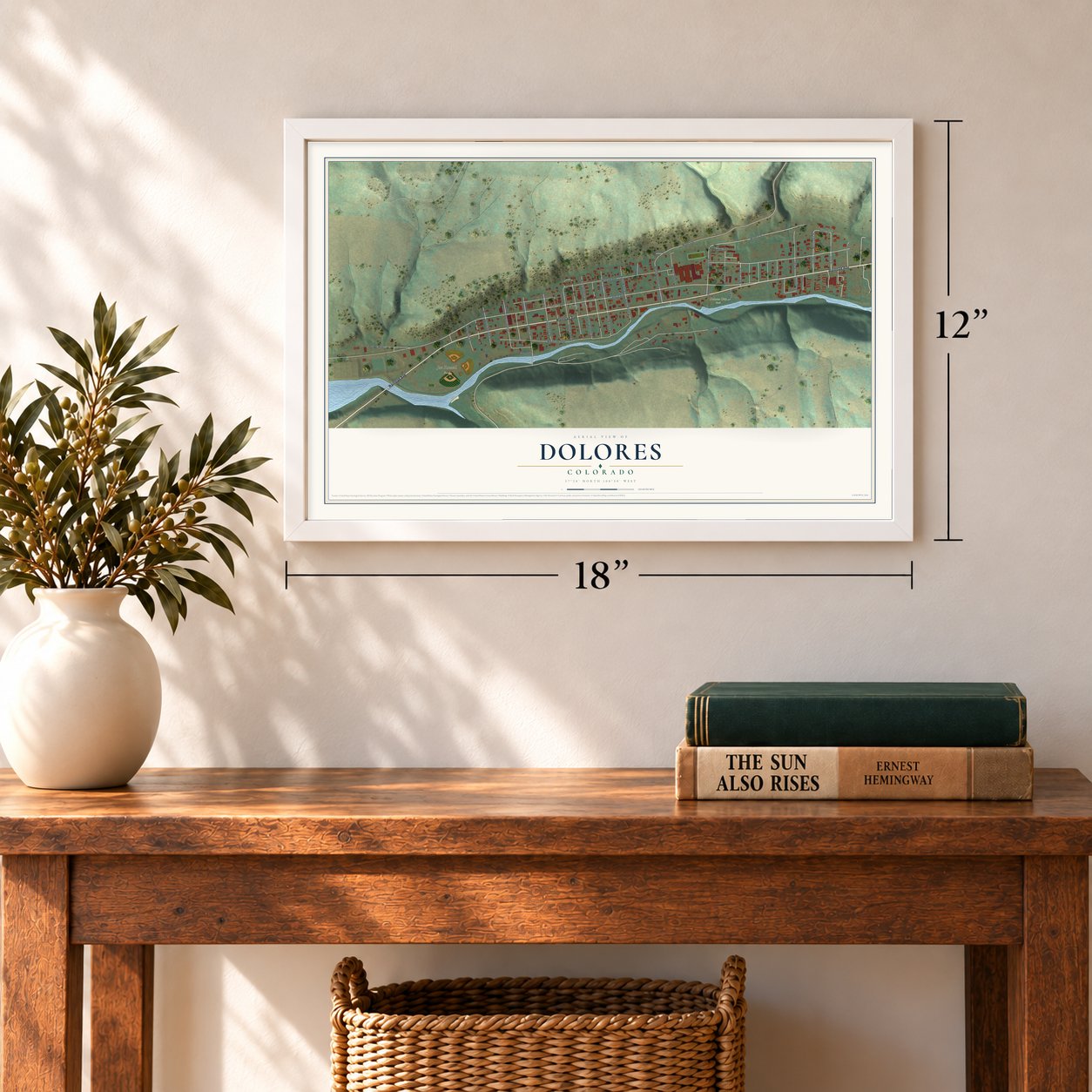 Dolores, Colorado map, 12 x 18 inch print in a white frame in an entryway
