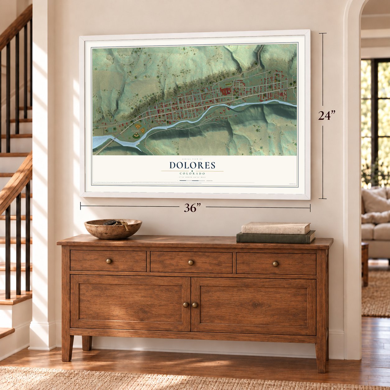 Dolores, Colorado map, 24 x 36 inch print in a white frame above a dresser by a staircase