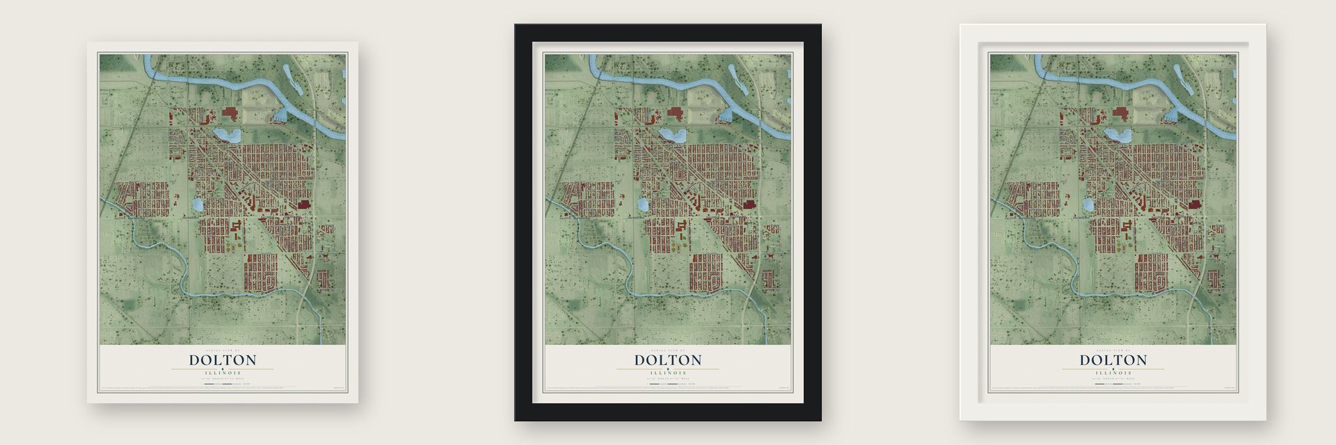 Dolton, Illinois map unframed, in a black wood frame and in a white wood frame