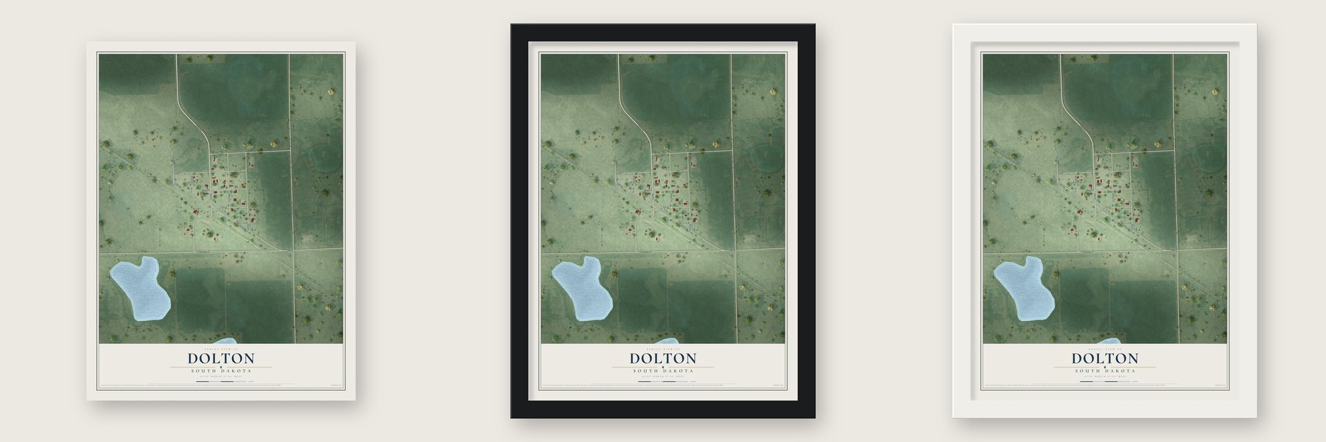 Dolton, South Dakota map unframed, in a black wood frame and in a white wood frame