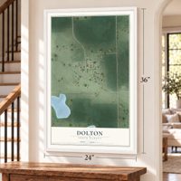 Dolton, South Dakota map, 24 x 36 inch print in a white frame by a staircase