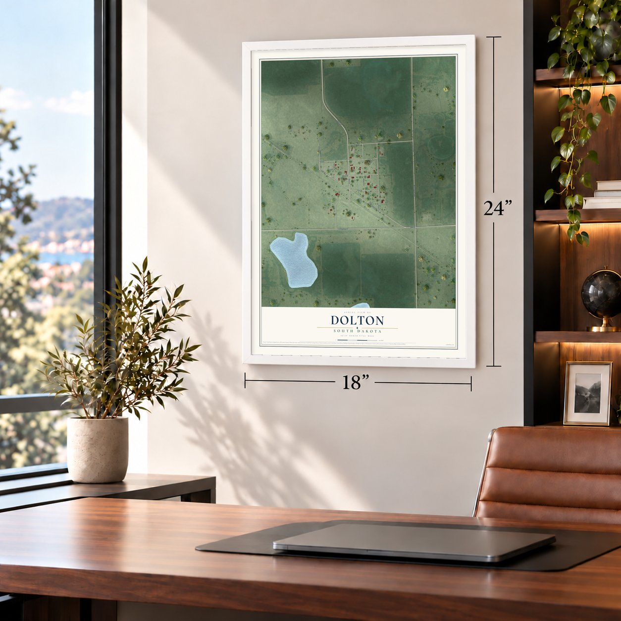 Dolton, South Dakota map, 18 x 24 inch print in a white frame in a home office