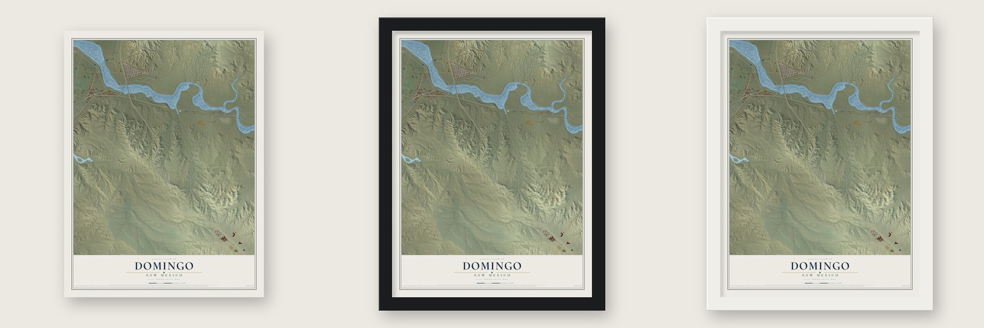 Domingo, New Mexico map unframed, in a black wood frame and in a white wood frame