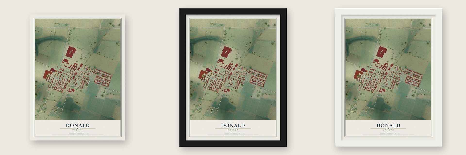 Donald, Oregon map unframed, in a black wood frame and in a white wood frame