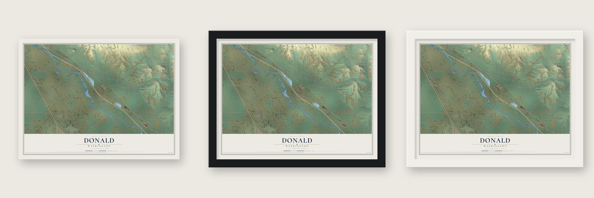 Donald, Washington map unframed, in a black wood frame and in a white wood frame