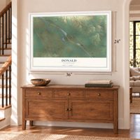 Donald, Washington map, 24 x 36 inch print in a white frame above a dresser by a staircase