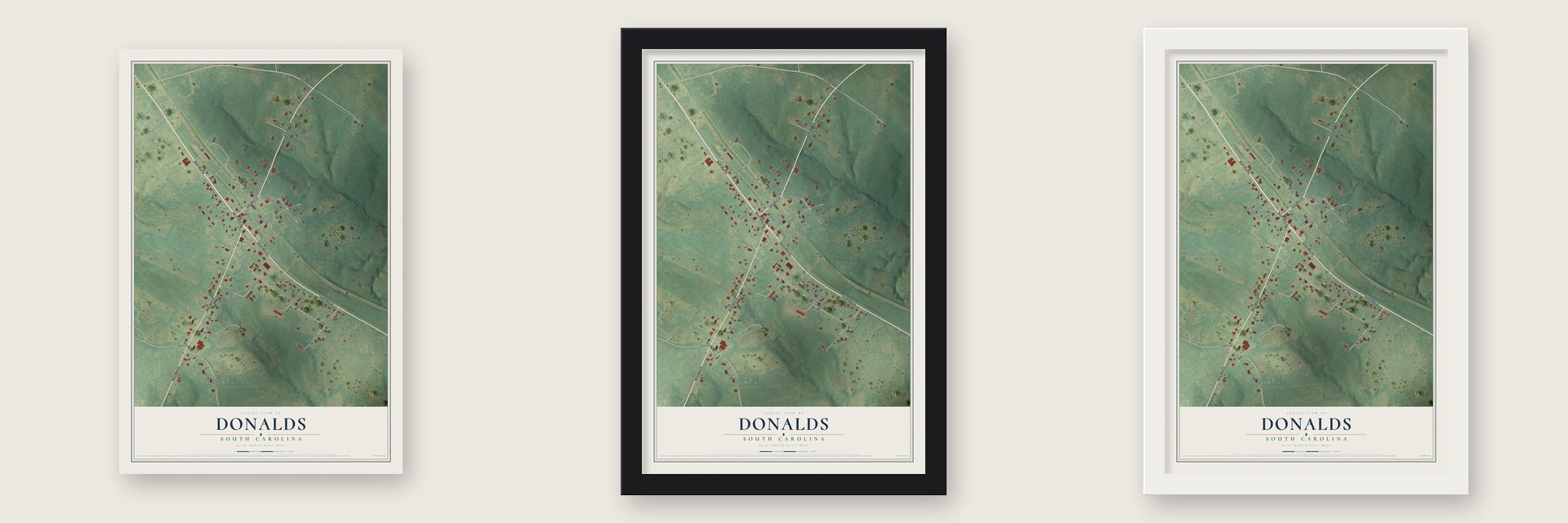 Donalds, South Carolina map unframed, in a black wood frame and in a white wood frame