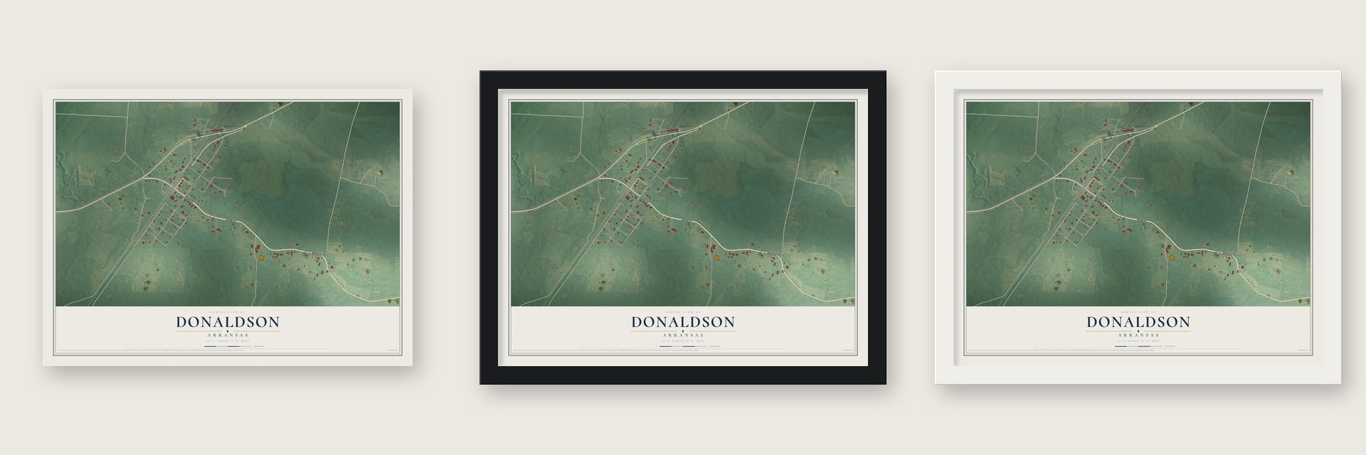 Donaldson, Arkansas map unframed, in a black wood frame and in a white wood frame