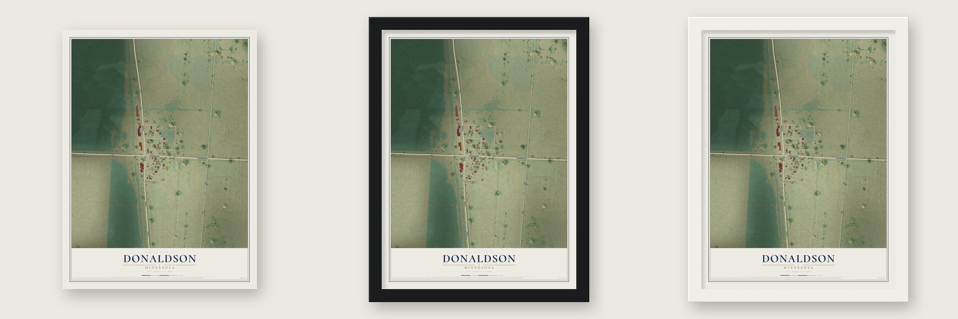 Donaldson, Minnesota map unframed, in a black wood frame and in a white wood frame