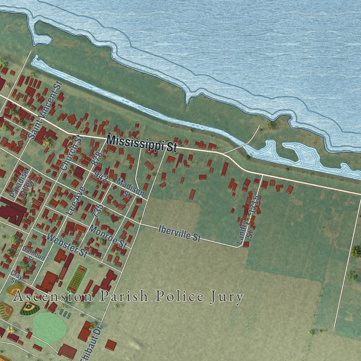 Second close-up of the map of Donaldsonville, Louisiana print showing more streets and buildings