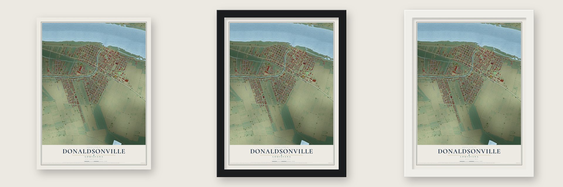 Donaldsonville, Louisiana map unframed, in a black wood frame and in a white wood frame