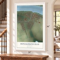Donaldsonville, Louisiana map, 24 x 36 inch print in a white frame by a staircase