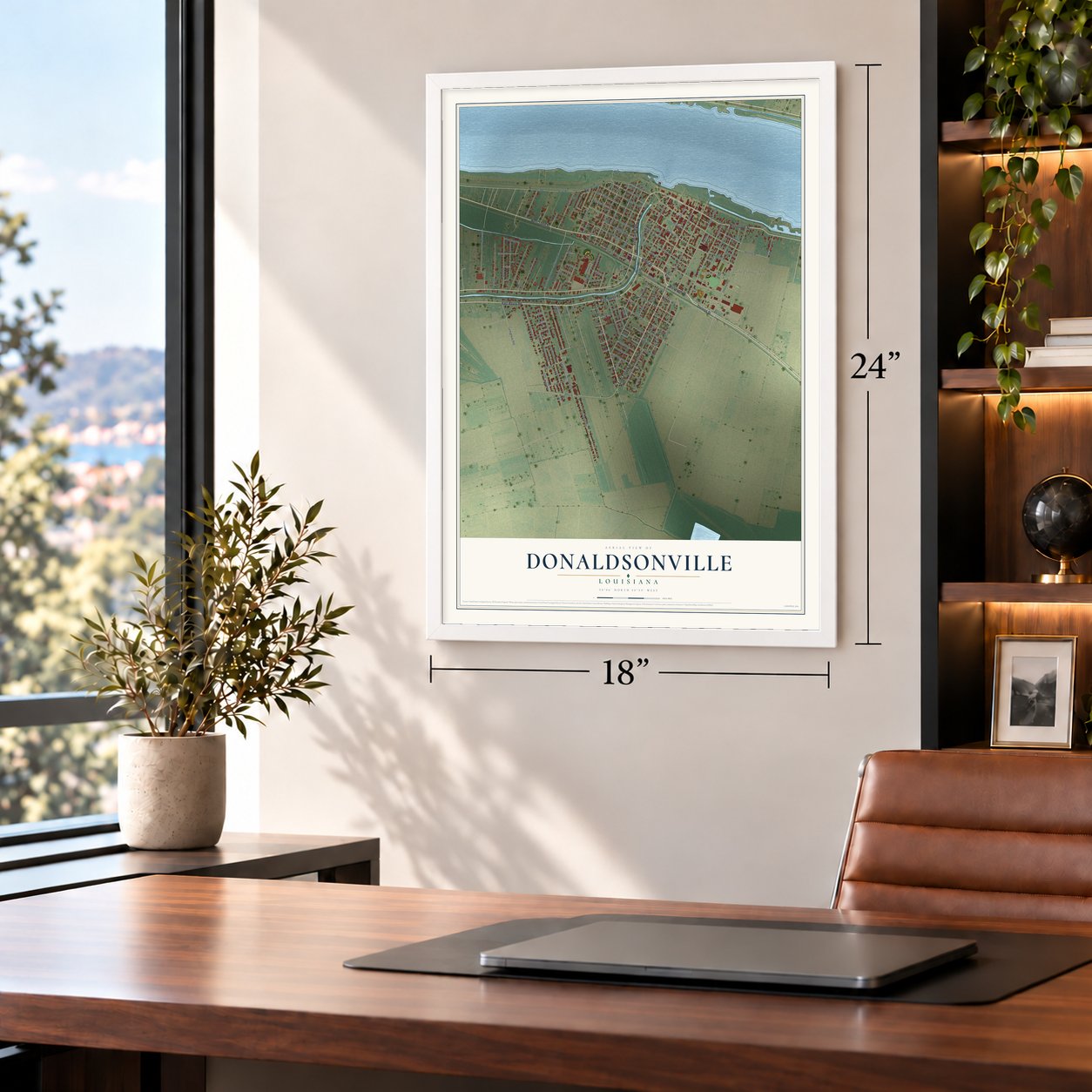 Donaldsonville, Louisiana map, 18 x 24 inch print in a white frame in a home office