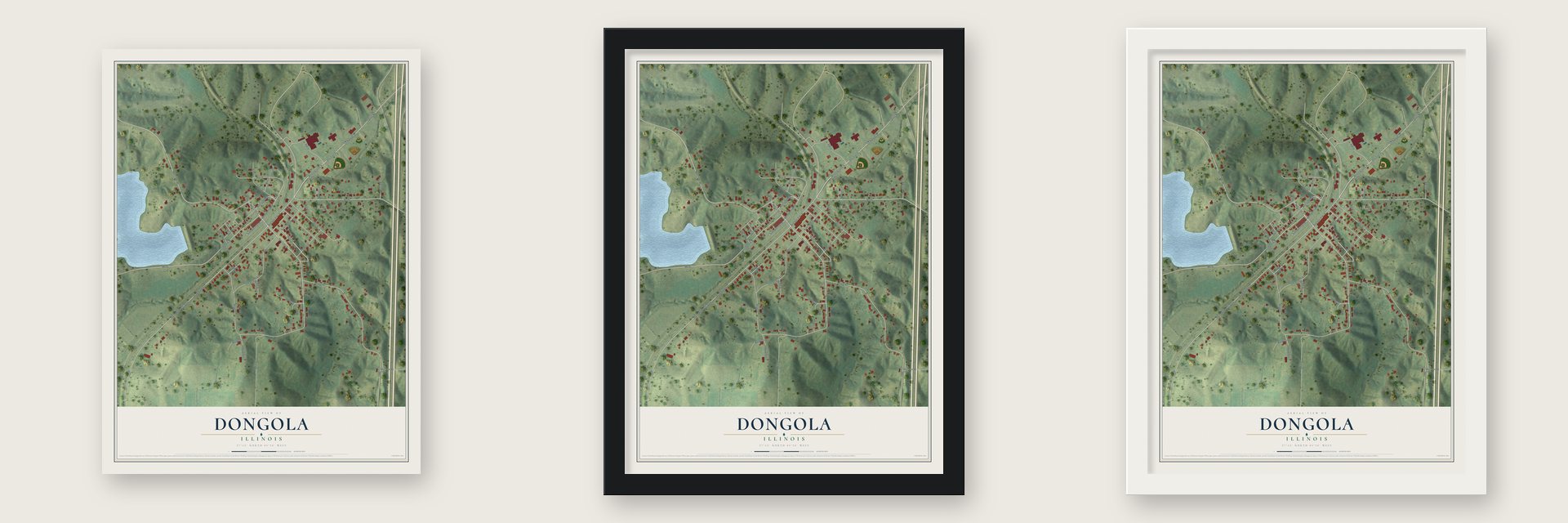 Dongola, Illinois map unframed, in a black wood frame and in a white wood frame