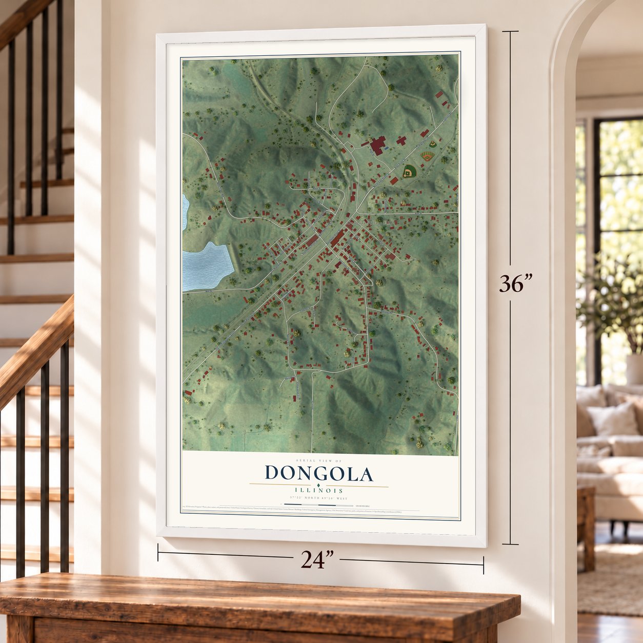 Dongola, Illinois map, 24 x 36 inch print in a white frame by a staircase