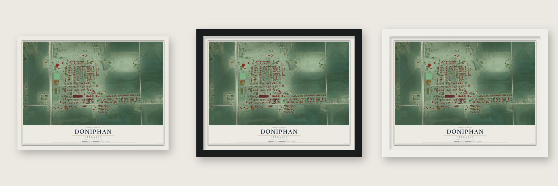 Doniphan, Nebraska map unframed, in a black wood frame and in a white wood frame