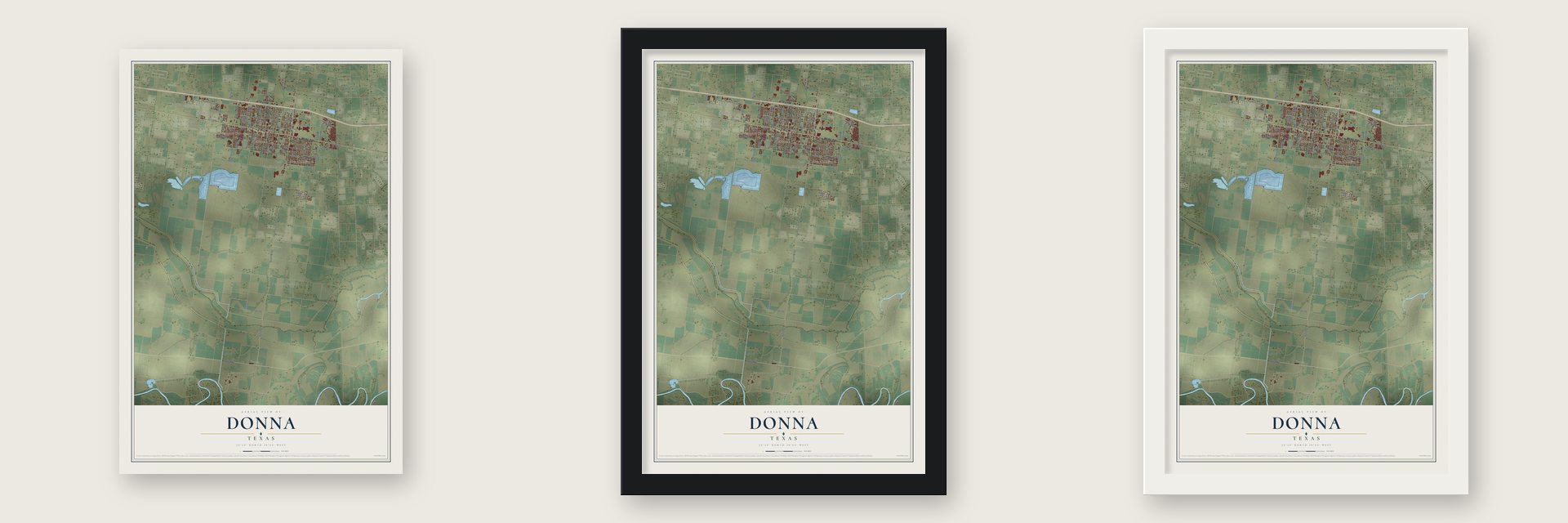 Donna, Texas map unframed, in a black wood frame and in a white wood frame