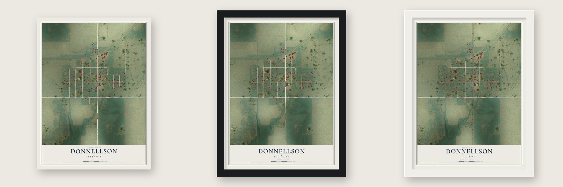 Donnellson, Illinois map unframed, in a black wood frame and in a white wood frame