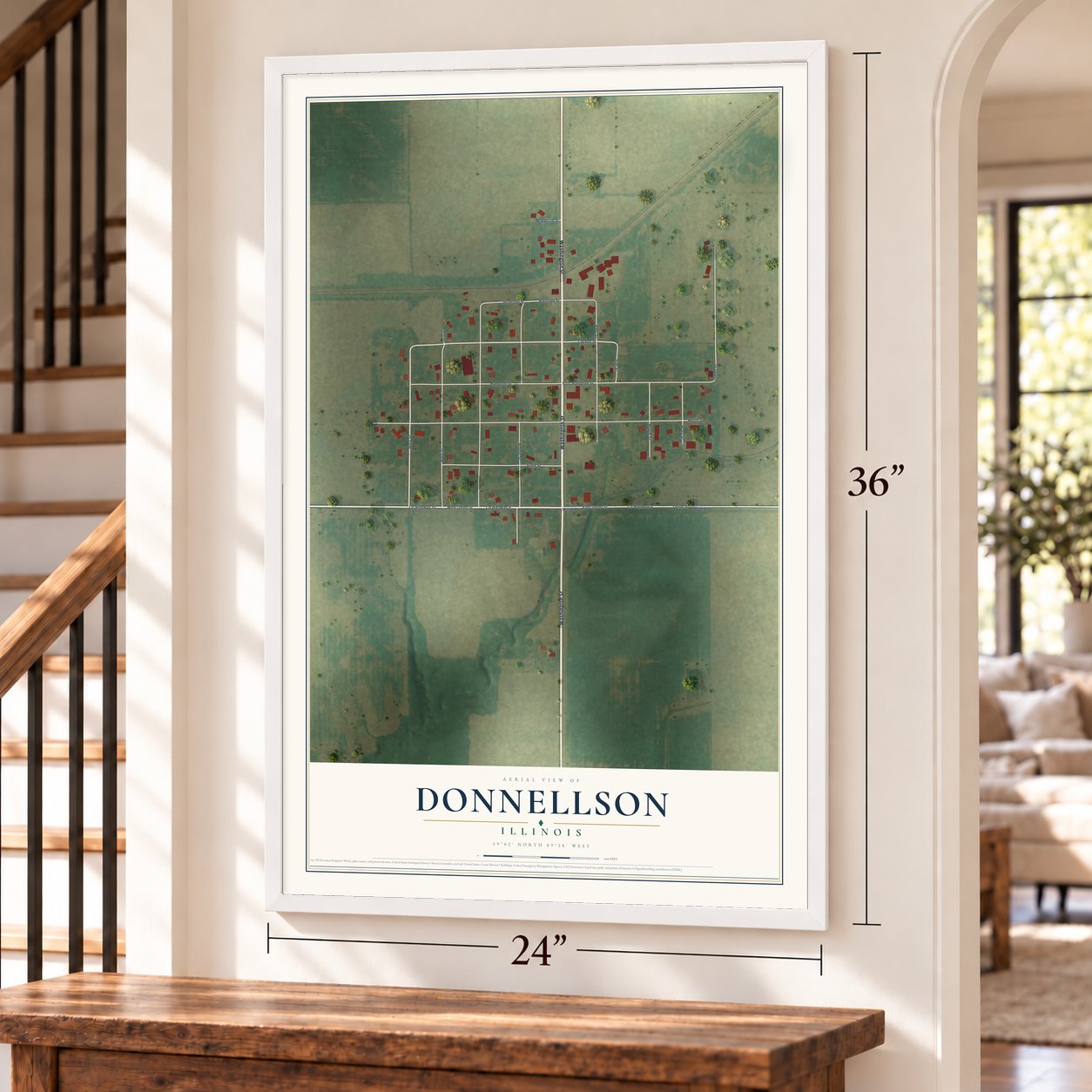 Donnellson, Illinois map, 24 x 36 inch print in a white frame by a staircase