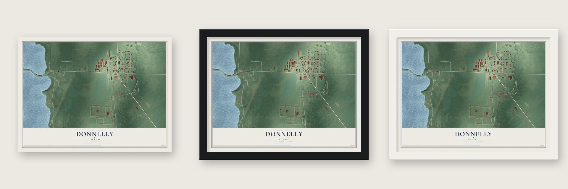 Donnelly, Idaho map unframed, in a black wood frame and in a white wood frame