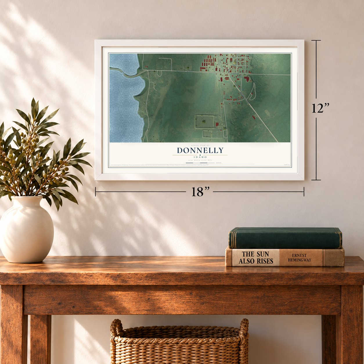 Donnelly, Idaho map, 12 x 18 inch print in a white frame in an entryway