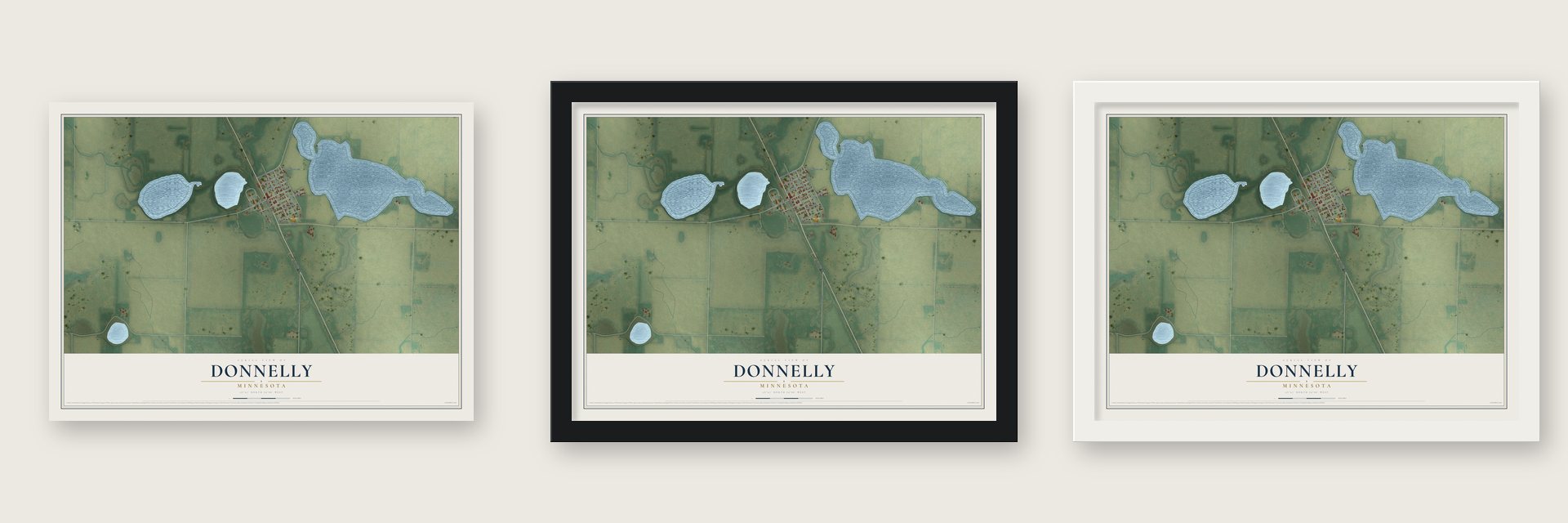 Donnelly, Minnesota map unframed, in a black wood frame and in a white wood frame