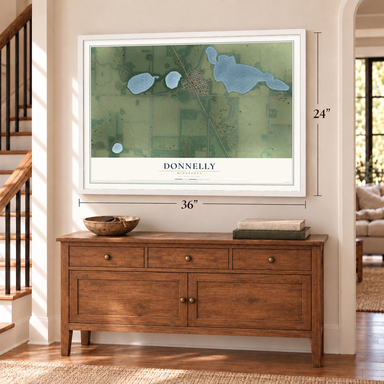 Donnelly, Minnesota map, 24 x 36 inch print in a white frame above a dresser by a staircase