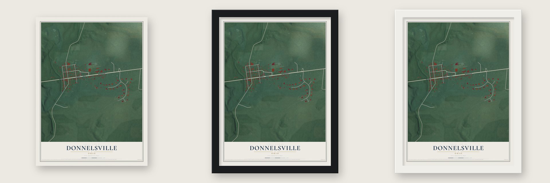 Donnelsville, Ohio map unframed, in a black wood frame and in a white wood frame