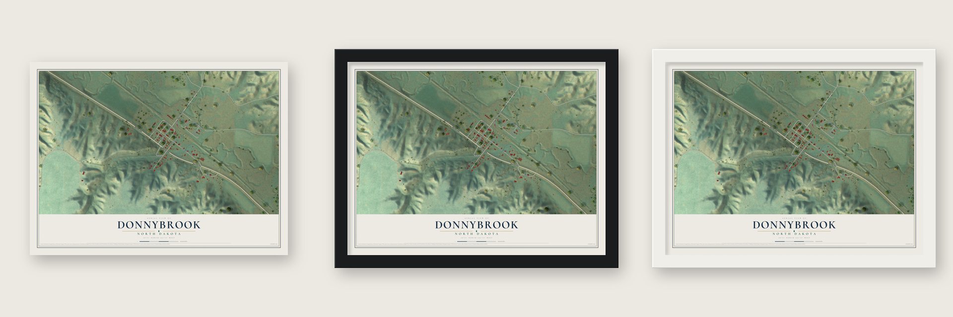 Donnybrook, North Dakota map unframed, in a black wood frame and in a white wood frame