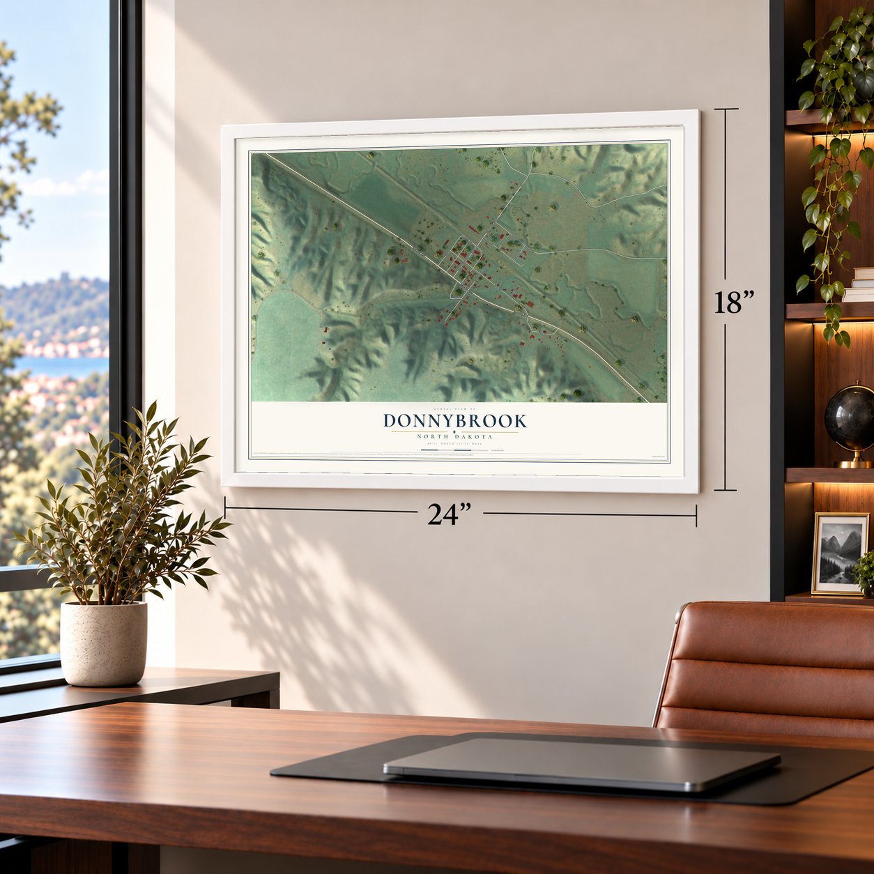 Donnybrook, North Dakota map, 18 x 24 inch print in a white frame in a home office