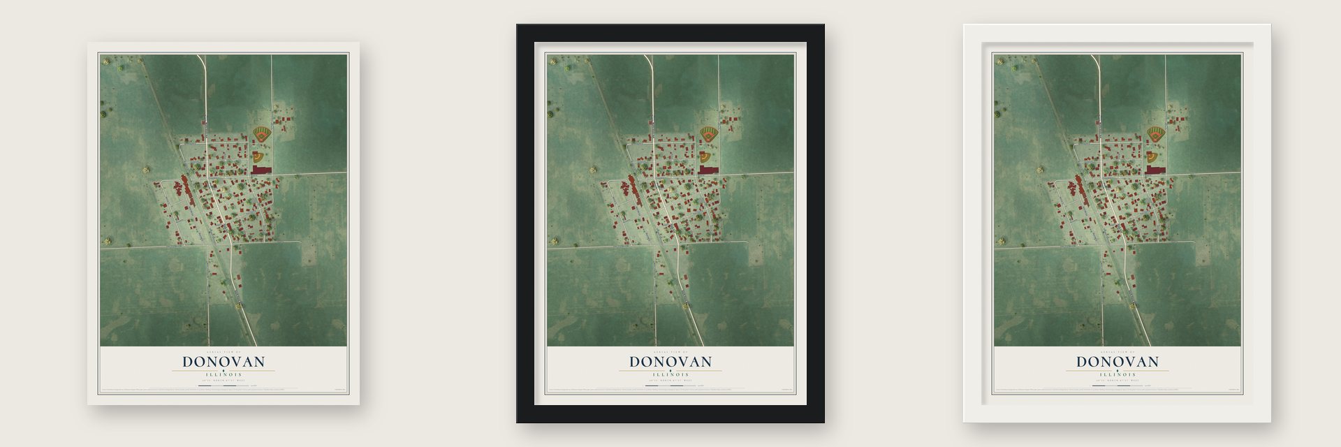Donovan, Illinois map unframed, in a black wood frame and in a white wood frame