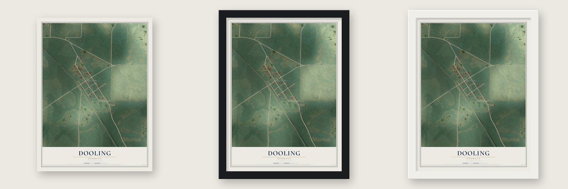 Dooling, Georgia map unframed, in a black wood frame and in a white wood frame
